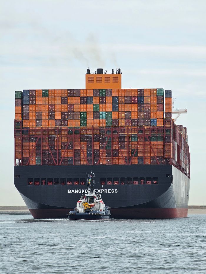 Services Large container ship 'Bangkok Express' with tugboat at Maasvlakte Rotterdam.